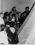 Jefferson Elementary School students looking at tipi